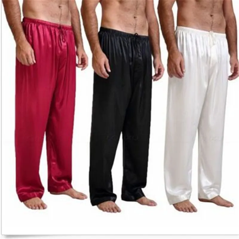 

Spring Autumn Mens Loose Satin Pants Sleep Bottoms Nightwear Ice Silk Home Pajamas Sleepwear Trousers 4 Colors Dropshipping