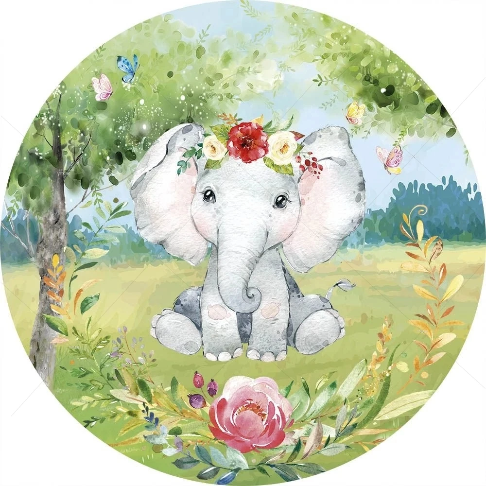 

Spring Flowers Cute Elephant Round Backdrop Cover Jungle Safari Party Newborn Baby Shower Circle Background Candy Table Banner