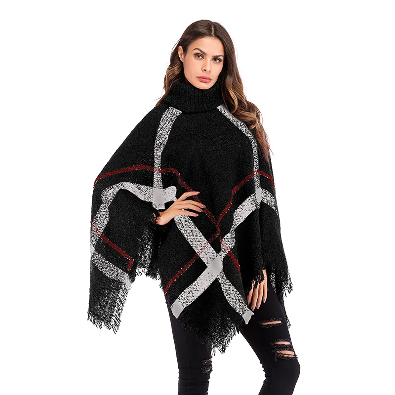 

Autumn And Winter Irregular Cloak Shawl Women Foreign Trade Europe And the United States New Style Plaid Fringed High Neck Pullo