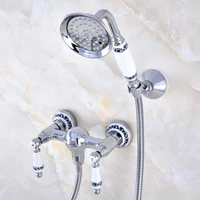 polished chrome brass wall mounted bathroom hand held shower head faucet set mixer tap dual ceramics handles levers mna783