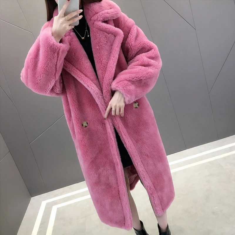 Winter Coat Women 2019 Slim Casual Elegant Spliced Medium Long Outwear Female Vintage Warm Thick Lamb Faux Fur Plush -85 | Женская