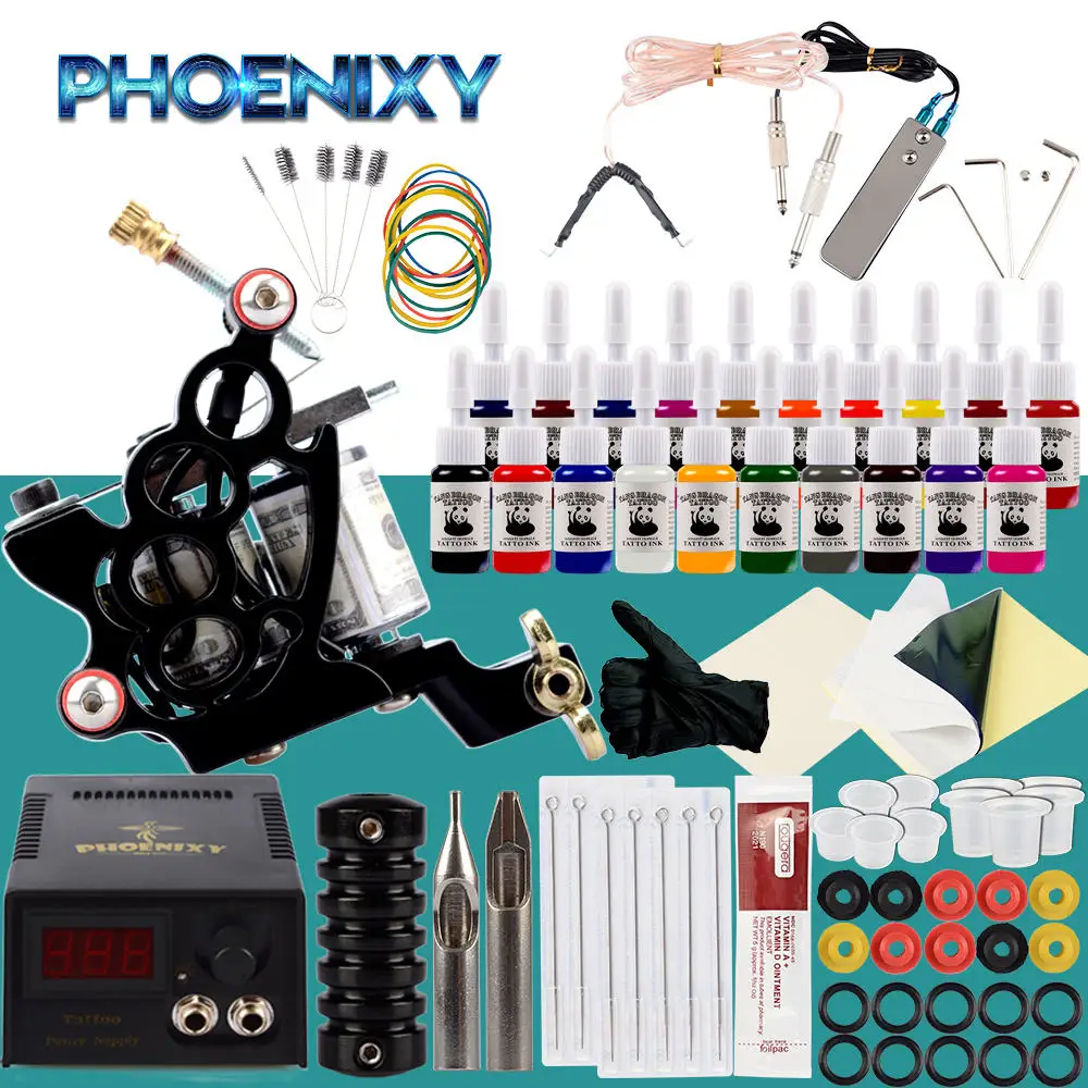 20Pcs Ink Kit Полный набор для татуировки, набор для татуировки, 60 мл, черные чернила, пигмент, источник питания, иглы для татуировки, полный набор аксессуаров для татуировки - Цвет: 20Pcs Ink Kit