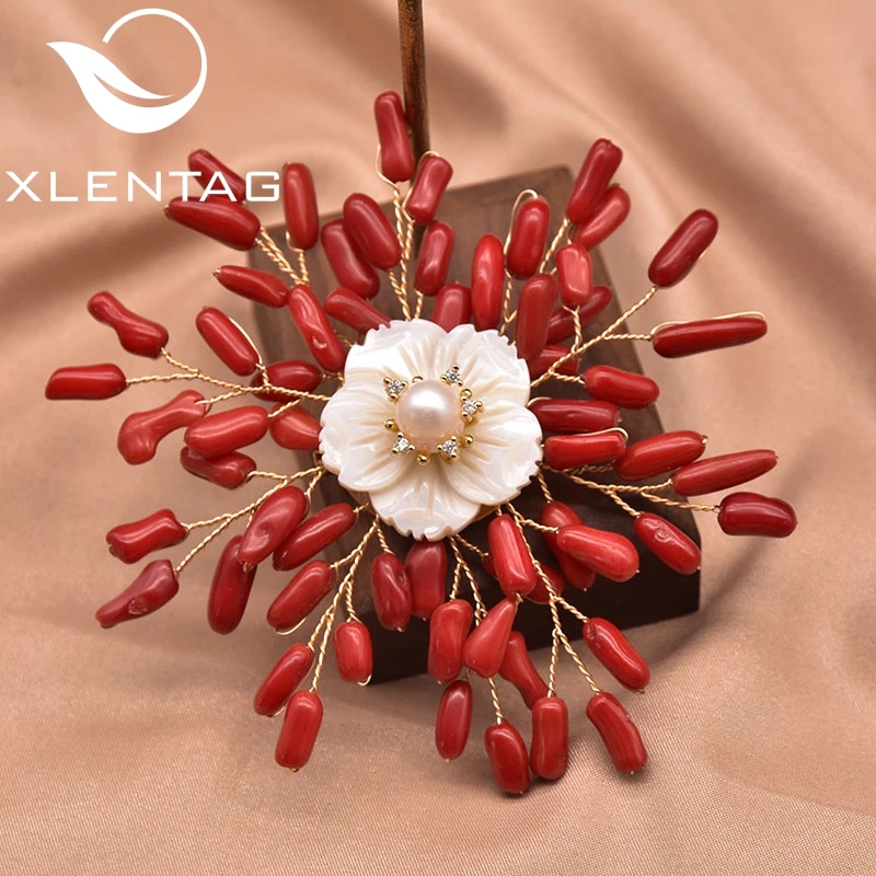 

XlentAg Natural Freshwater Pearl Conformal Coral Shell Snowflake Brooch Women Wedding Engagement Exquisite Jewelry GO0395