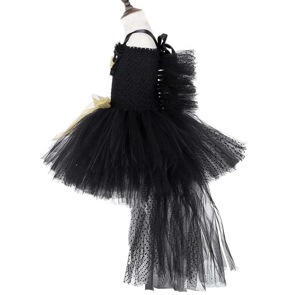 Черное платье-пачка для девочек со шлейфом золотые цветы Тюлевое платье на