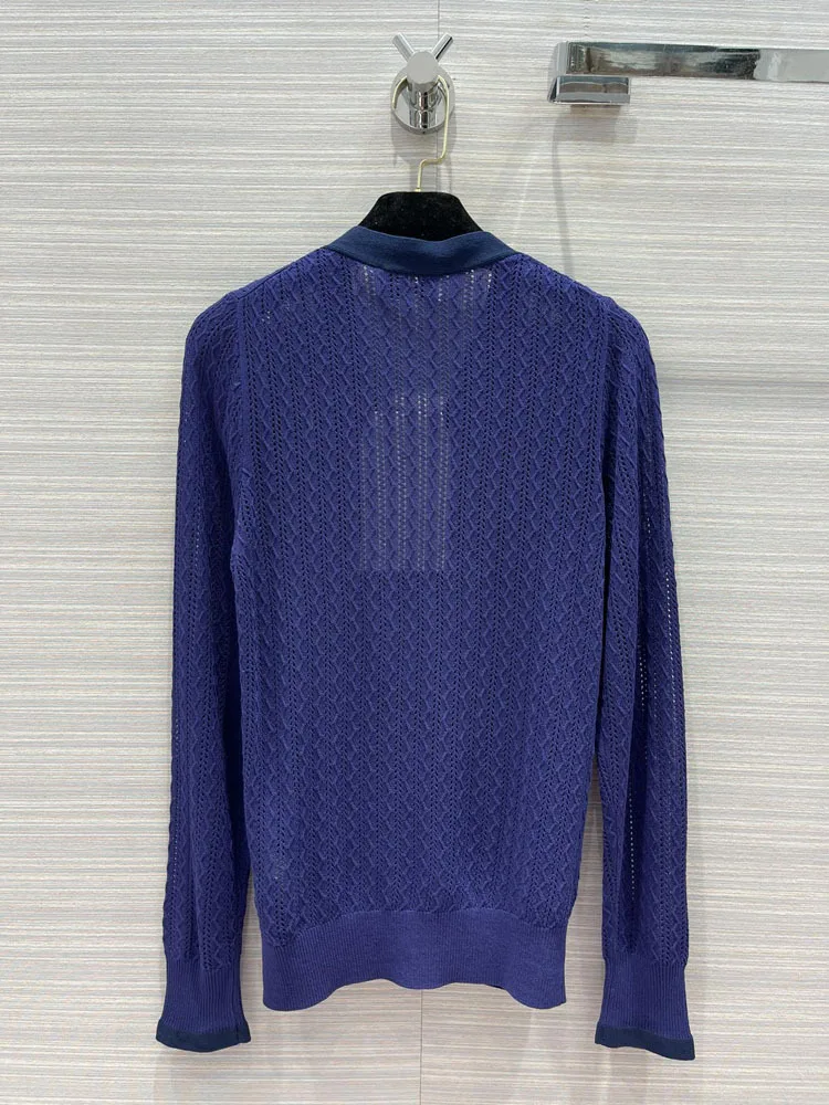 

High-end Brand Solid Color Cardigan Women Spring Chic V-neck Long Sleeve Slim Cardigan Luxury 100% Silk Hollow Out Knitted Shirt