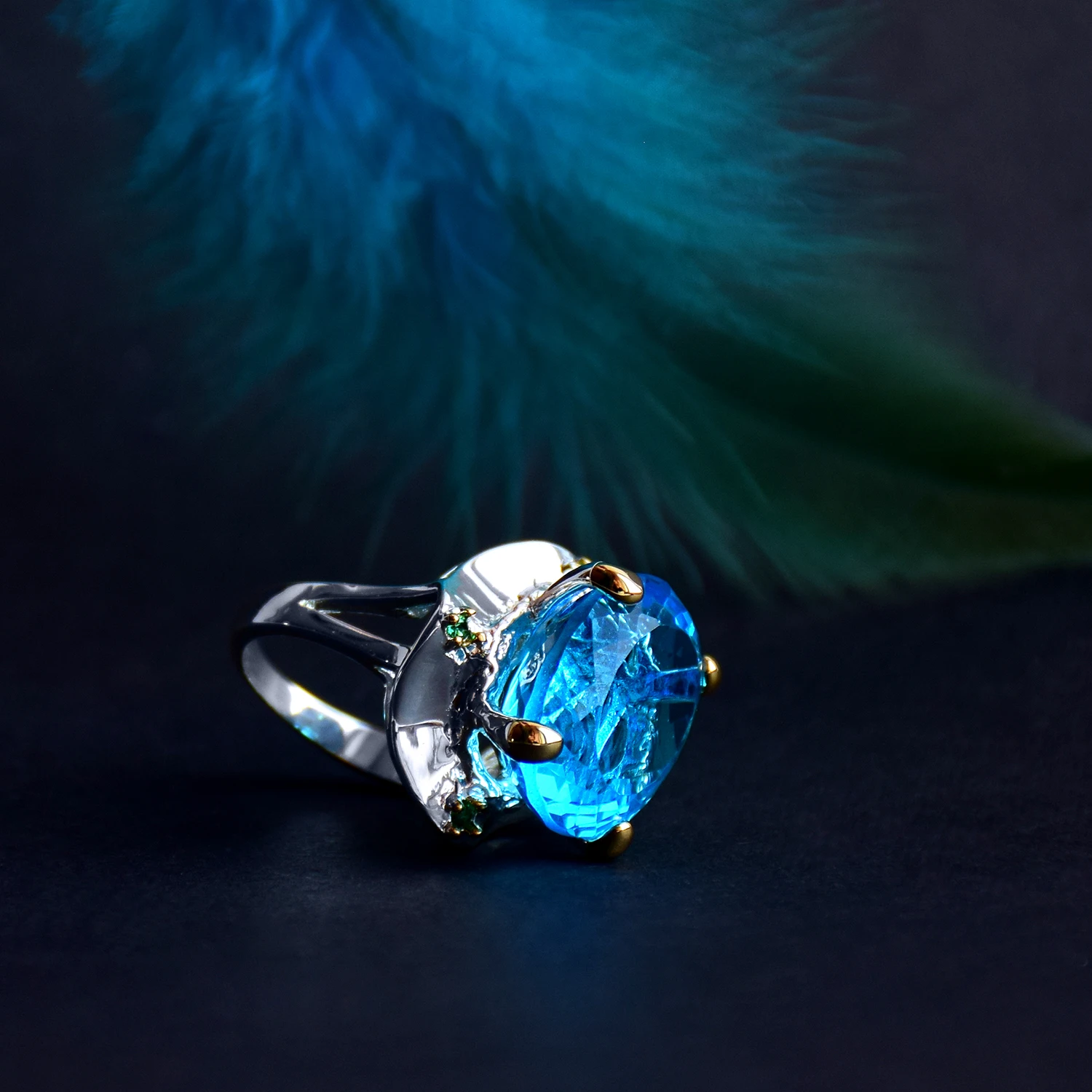 Женское Обручальное Кольцо DreamCarnival1989 голубое кольцо в виде пасьянса два тона с