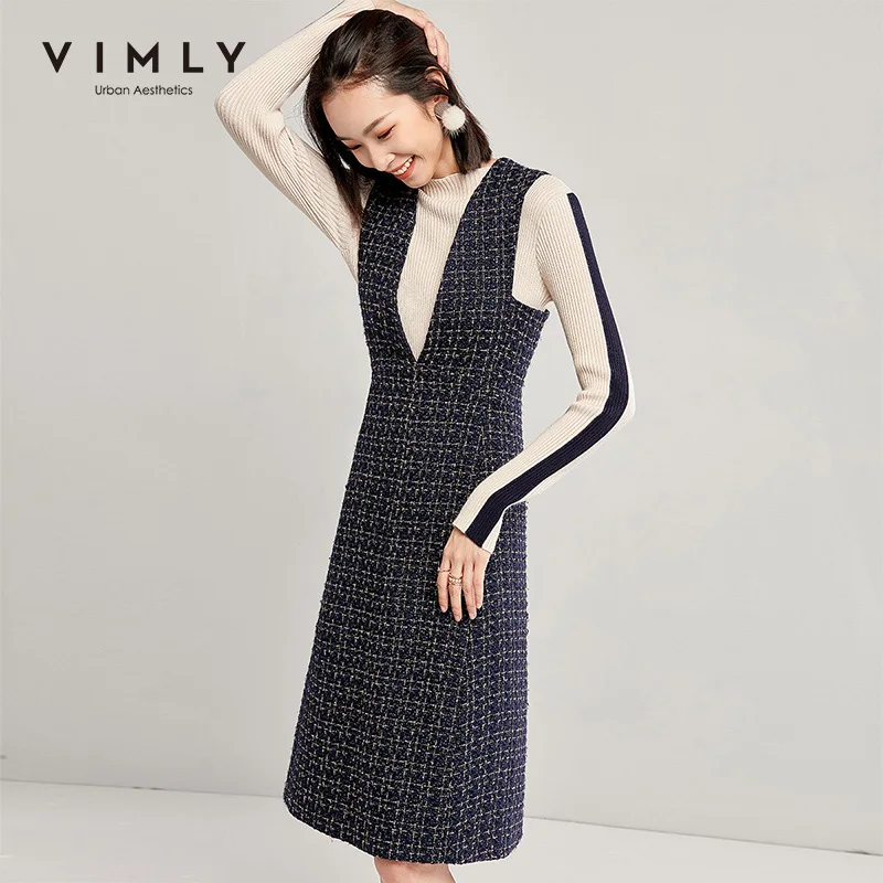 Vimly винтажные клетчатые платья осень зима женское элегантное платье с v образным