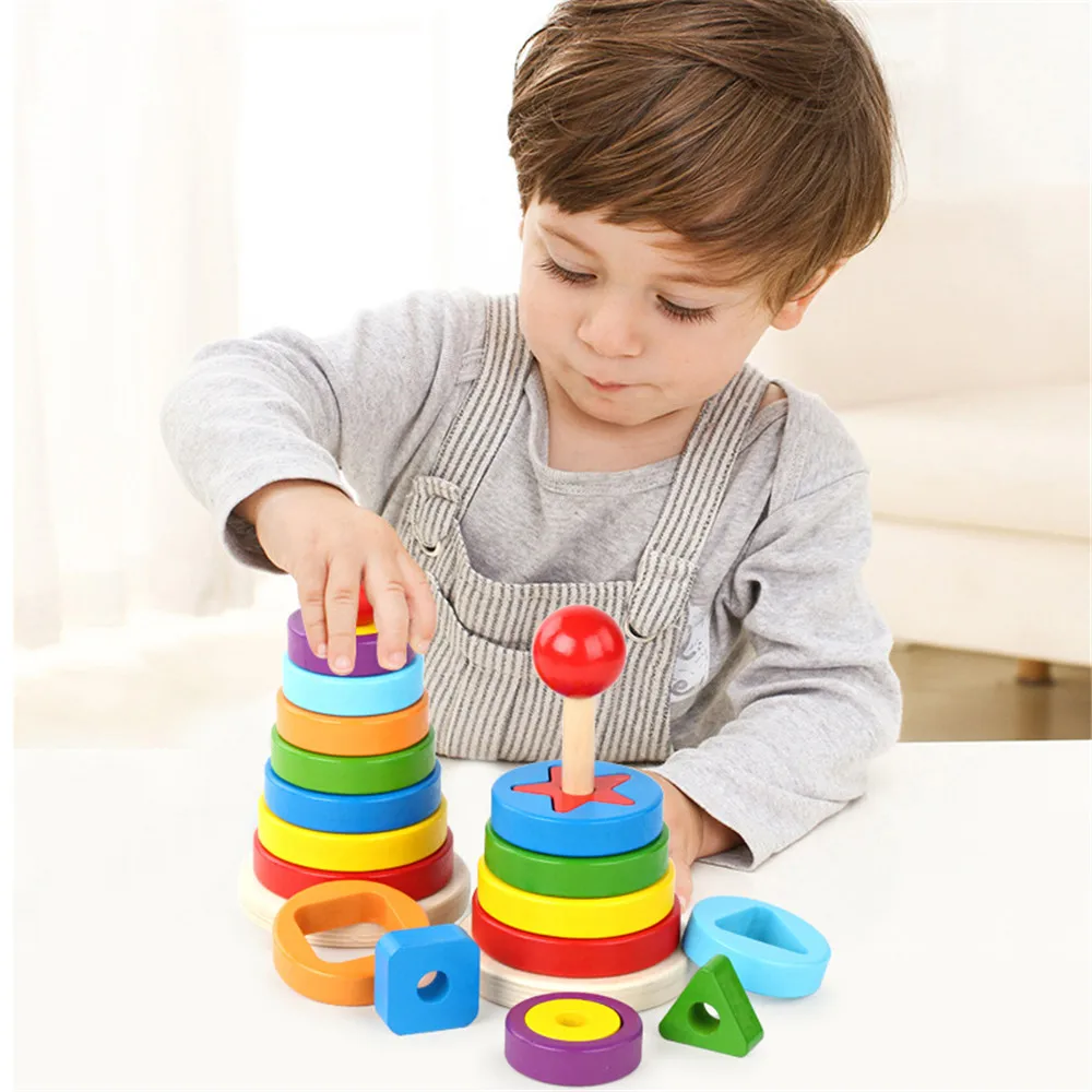 

Wooden Rainbow Tower Set Pile Up Building Blocks Children Puzzle Shape Matching Sets Of Tower Game For Children Over 3 Years Old