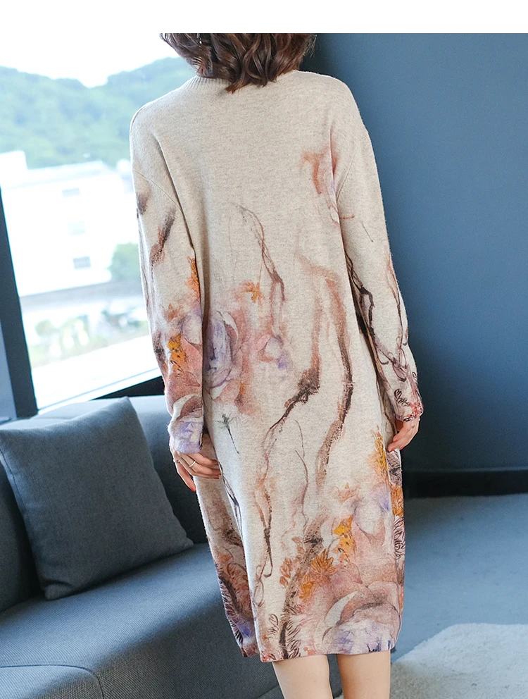 Женское винтажное вязаное платье-свитер свободное трикотажное с круглым вырезом