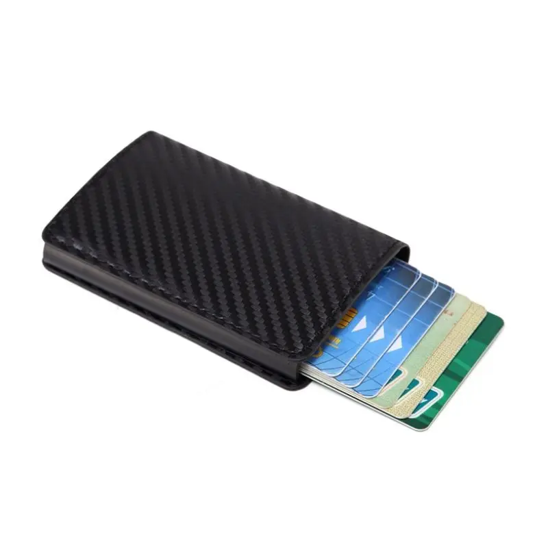 black carbon fiber2 Металлический держатель для Карт RFID алюминиевый сплав держатель для кредитных карт PU кожаный кошелек Противоугонный мужской кошелек автоматический скользящий Чехол для карт - Цвет: black carbon fiber2
