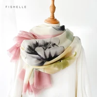 chinese brush painting wool scarf women winter long scarves thin warm bandana shawl causal pink pashmina wrap gift for lady