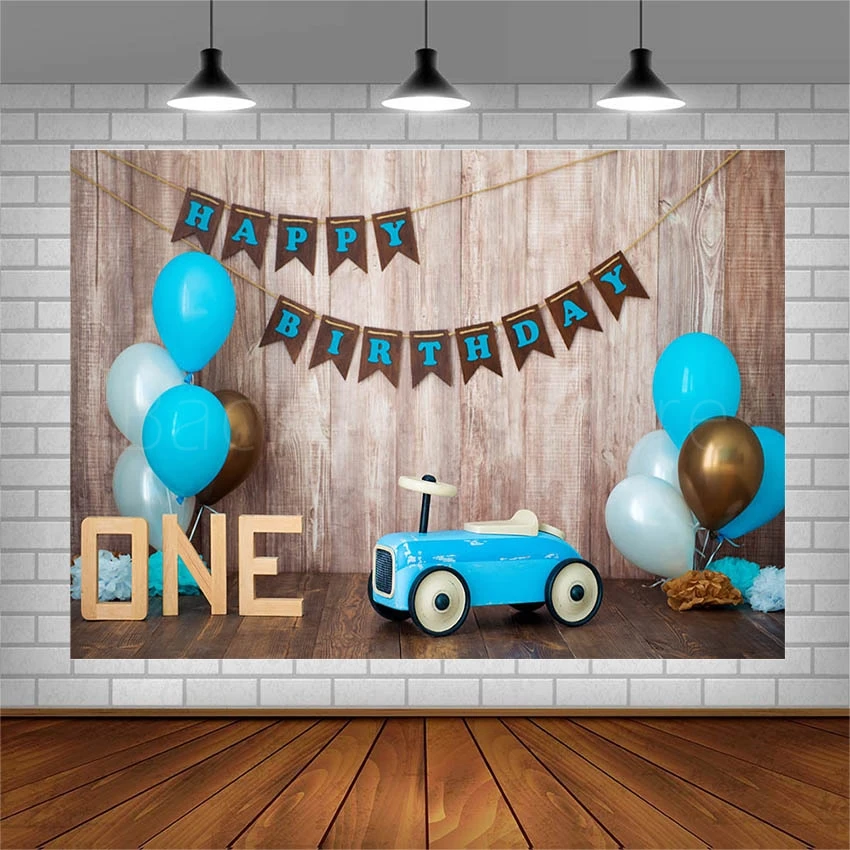 

Avezano Photography Backgrounds Happy 1st Birthday Party Banner Balloon Toy Car Wooden Backdrop For Photo Studio Photocall Decor