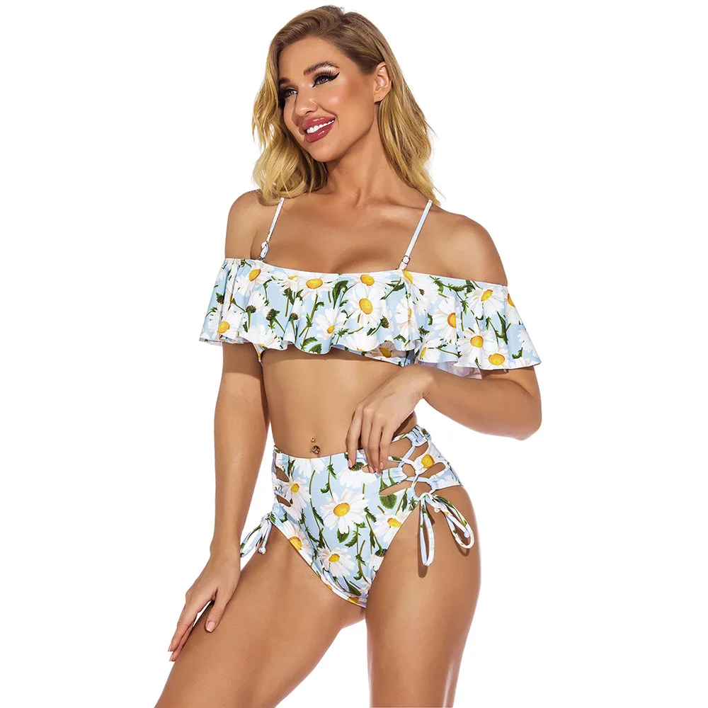 

2021 new European and American One Line Shoulder Strap High waist Print Split Bikini Fashion Women's Sexy Swimsuit Swimming Suit