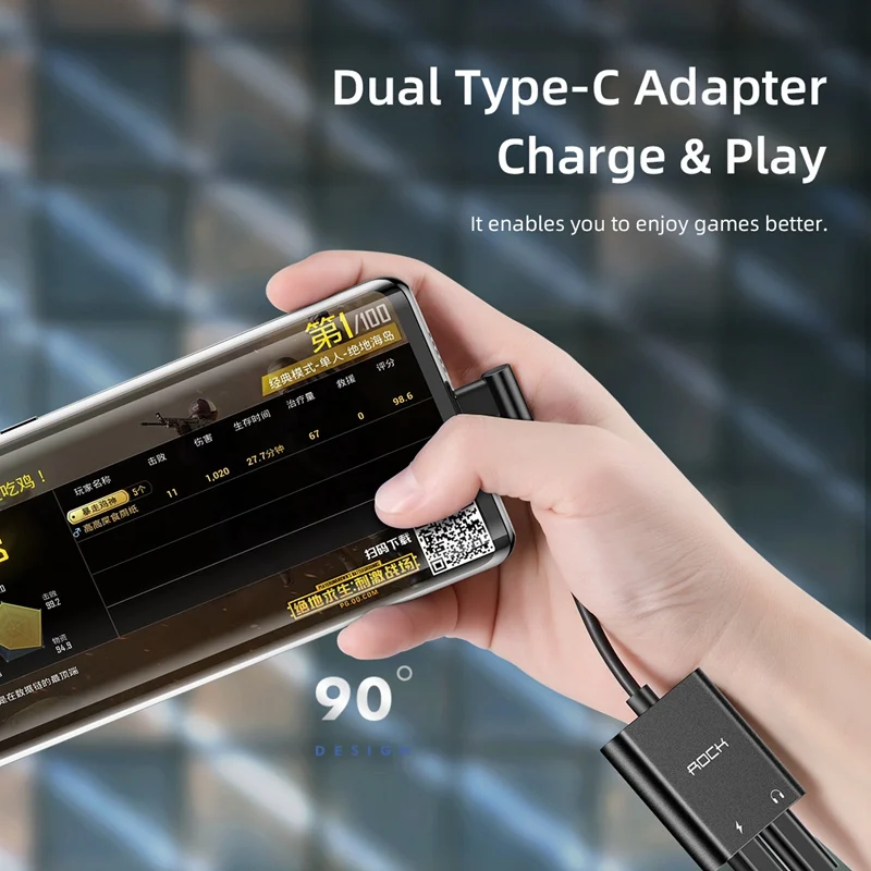 Адаптер ROCK 2 в 1 с двумя разъемами Type-C 60 Вт PD 3A быстрая зарядка USB C наушники Aux аудио