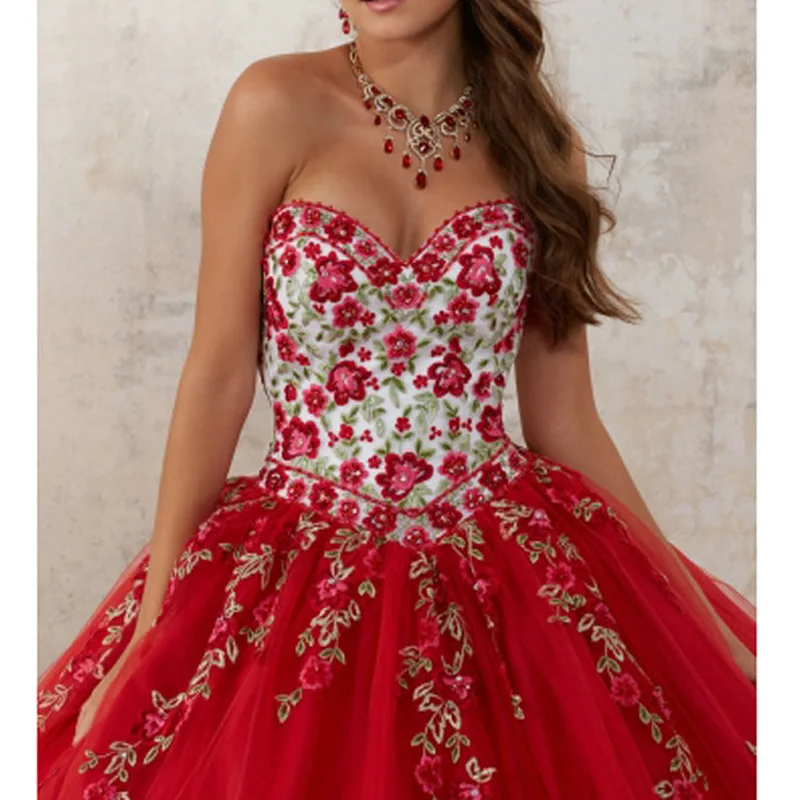 Красные платья с вышивкой для Quinceanera из тюля бисером и кристаллами 15-летних