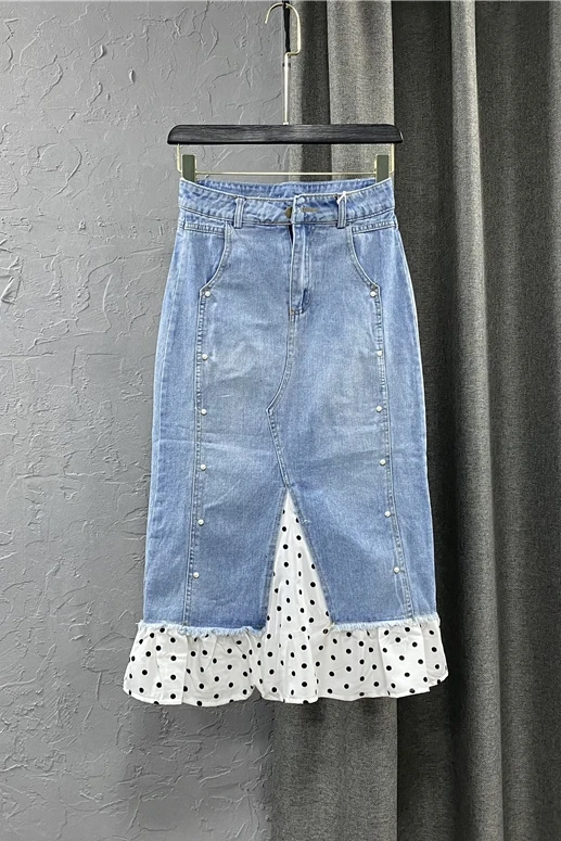 

2021 New Summer Korean Style High Waist Women Skirt Dot Ruffled Stitching Denim Skirt Female Plus Size Jeans Skirt