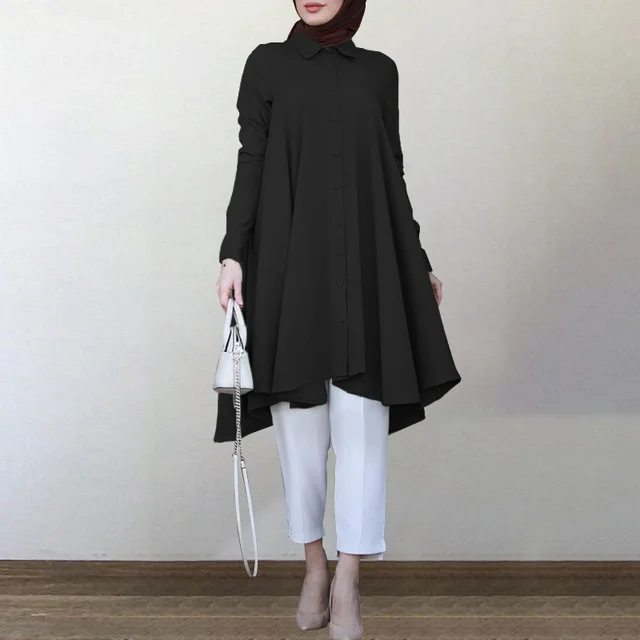 

Vintage Asymmetrical Shirts Women's Autumn Blouse 2021 Casual Long Sleeve Turkish Robe Shirts Female Solid Islam Clothing
