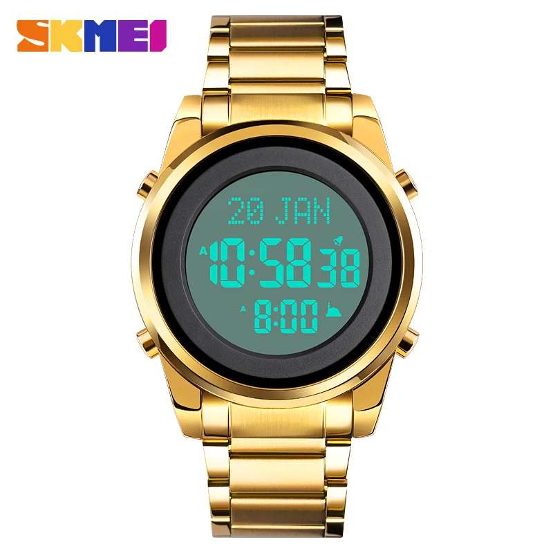 

5pcs/lot SKMEI Luxury Digital Watch For Men Time Reminder LED Golden Steel Religious Month Electronic Prayer Male Clocks 1734