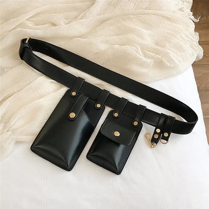 

Fashion Punk Waist Pack Casual Female PU Leather Solid Color Chest Crossbody Bag 2Pcs Women Waist Packs Keychain Waist Pack