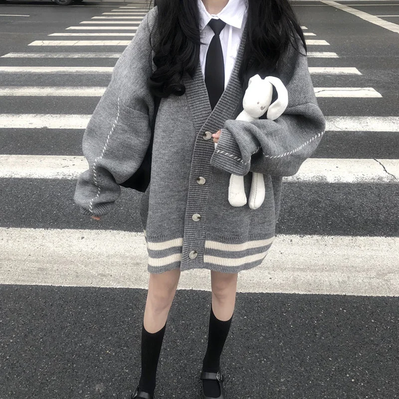 

Preppy Style Women Sweater Coat Autumn Winter New Full Sleeve Loose Long Cardigans Knitting Sweaters Korean Harajuku Knit Jacket