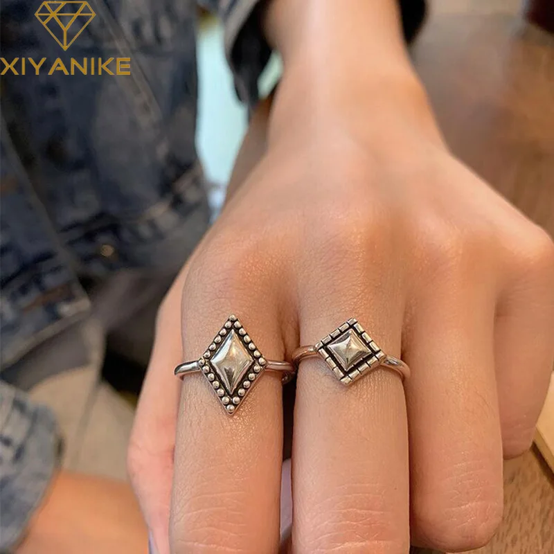 

XIYANIKE Silver Color NEW Geometric Diamond Square Rings Retro Distressed Fashion Open Female Handmade Couple Gift Кольцо
