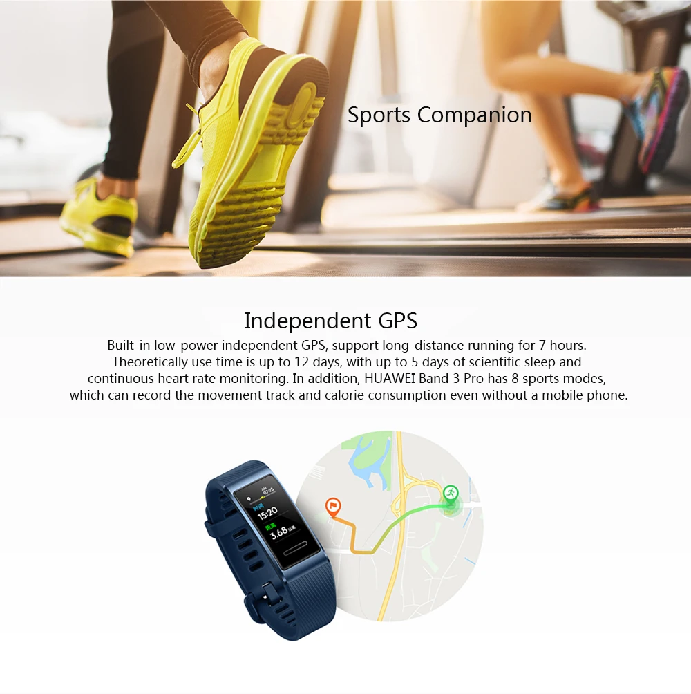 HUAWEI Band 3 фитнес-браслет 0,95 дюйма AMOLED цветной экран 120*240 BT 4,2 Встроенный независимый gps умный браслет в режиме реального времени