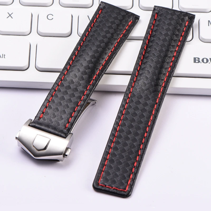 

Ремешок для часов TAG heuer, 20 мм, 22 мм, с текстурой углеродного волокна, с нижней частью из коровьей кожи, черный, красный, мужской ремешок с засте...