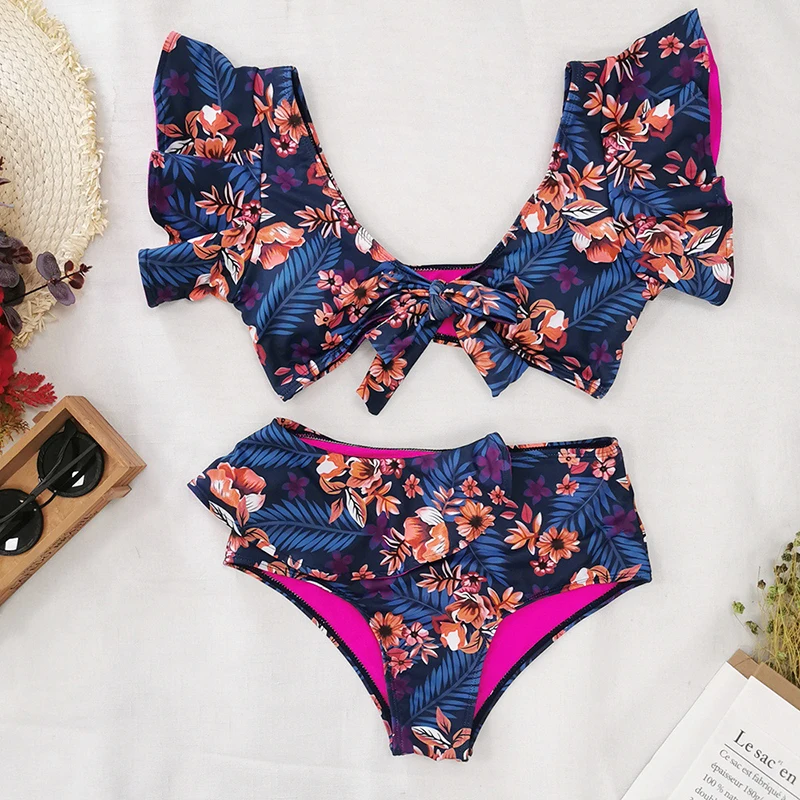 

2021 New Split Bikini Swimsuit European and American Sexy High Waist Floral Tight Backless Hipster