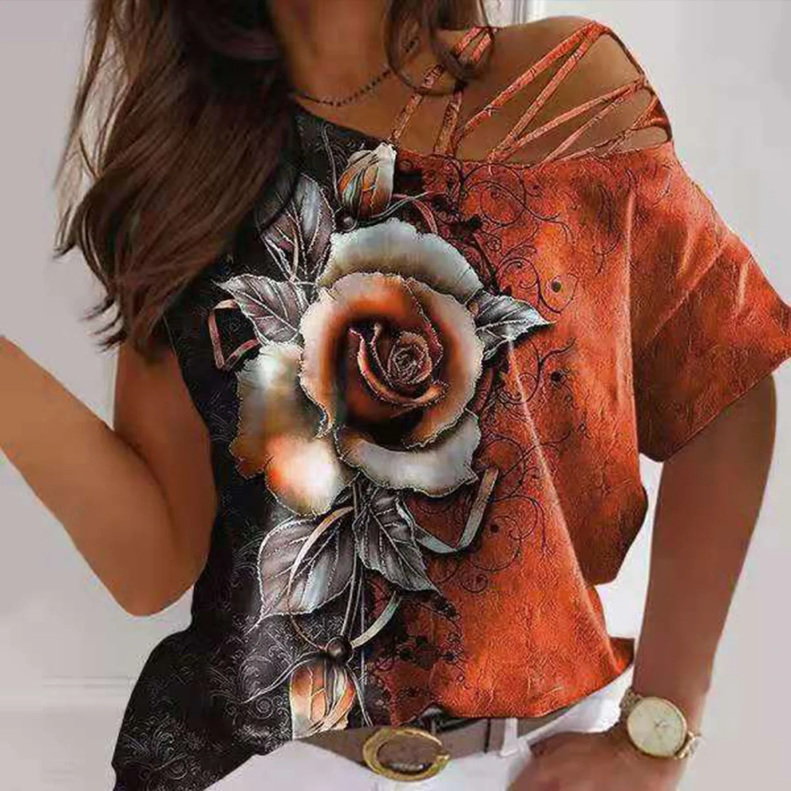

Flower Print Fashion Plus Size Autumn Womens Tshirt Hollow Out Skew Collar Short Sleeve Graphic Tees Women Vintage Tops