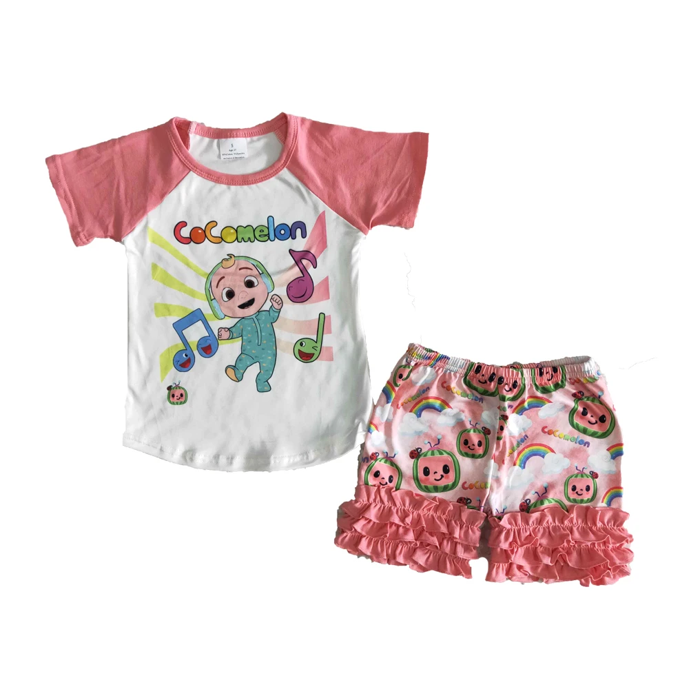 

Boutique Kids Summer Outfits Raglan Shirt Icing Ruffle Shorts 2Pieces Set High Quality Cute Cartoon Clothes