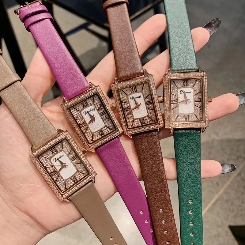 Часы наручные женские с браслетом из натуральной кожи винтажные квадратные