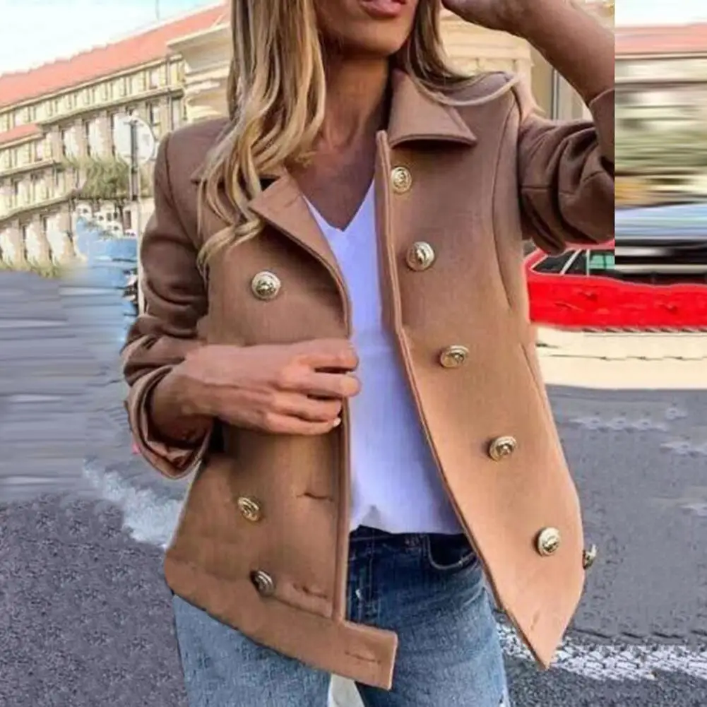 

2021 Warm Coat Turn-down Collar Double Button Slim Solid Color Jackets Winter Coat Women Elegant Winter Ladies Coat Wool