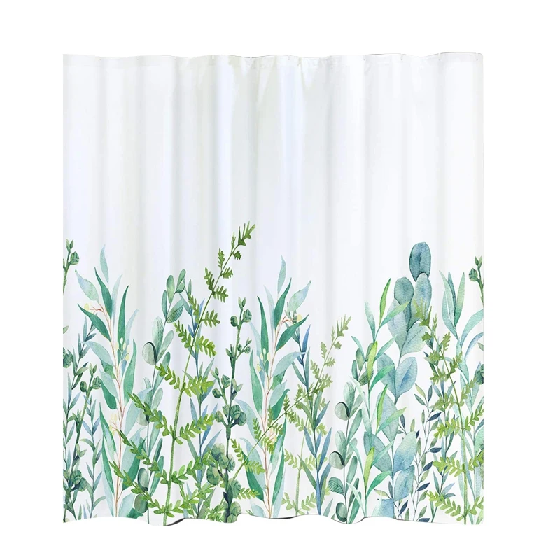 

Shower Curtain with 12 Hooks Leaves Curtain Washable Textile Children Bathtub Digital Printing, 180X180 cm White Green