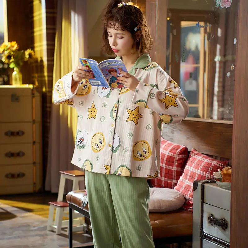 Pajamas Women Spring and Autumn Cotton Long-sleeved Lapel Suit Sweet and Cute Cartoon CasualInsWindCanWearOutsideTheHomeClothing
