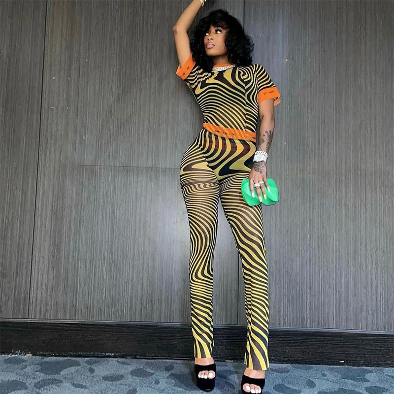 

Zebra Stripes Pant Two Piece Set Women Mesh SeeThrough Active Style Suits O Neck Crop Top T Shirt Tight Stretchy Sports Trousers