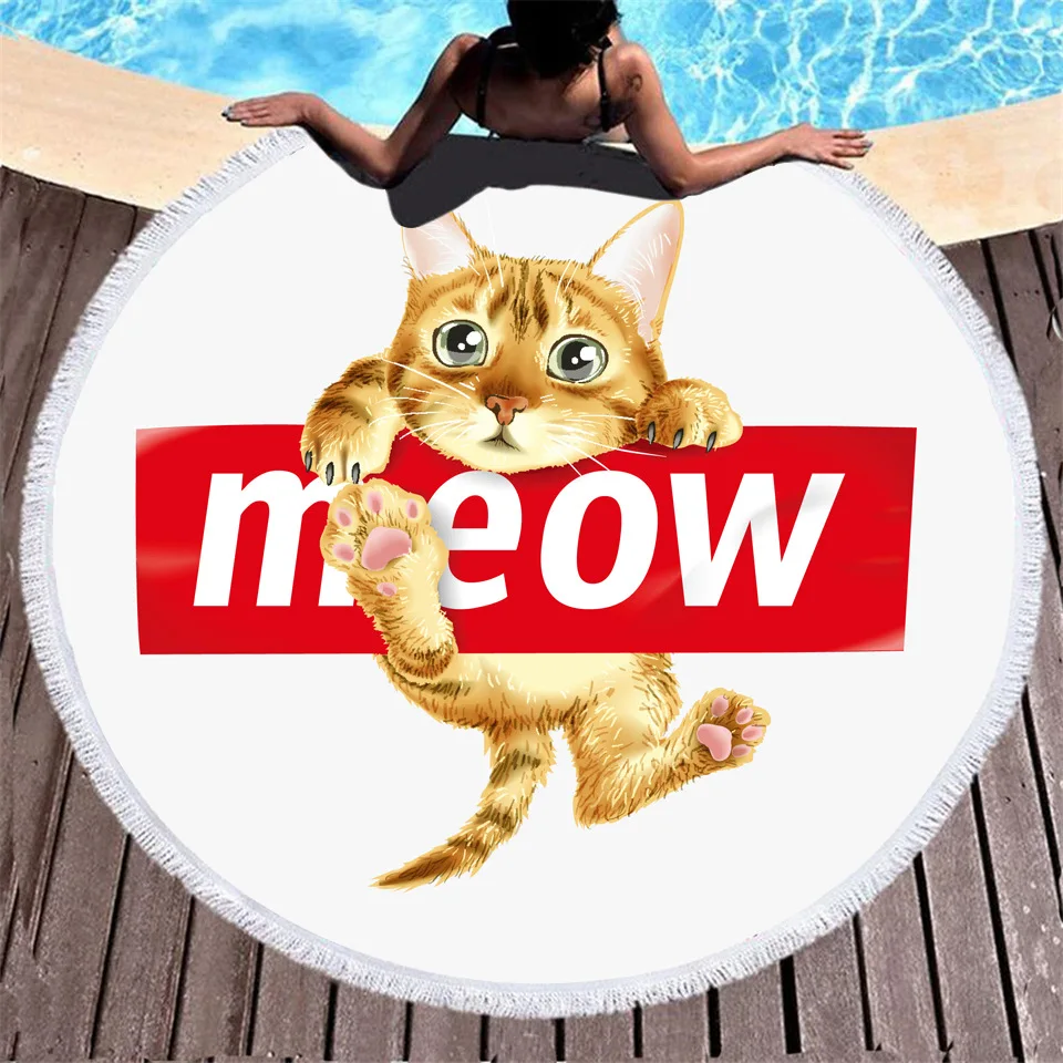 ONGLYP Round Beach Towel Cute Cat Microfiber Blanket Bath Yoga Mat Cartoon Tapestry Wall Hanging Bedroom Decor |