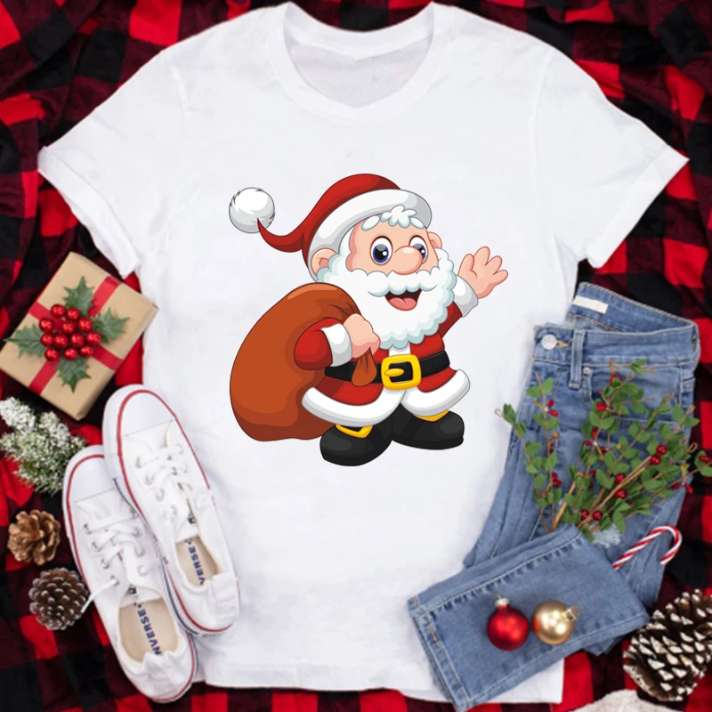 

Женские футболки в стиле Харадзюку, модные белые топы на Рождество для девочек, Женская Повседневная футболка, футболка с круглым вырезом и ...