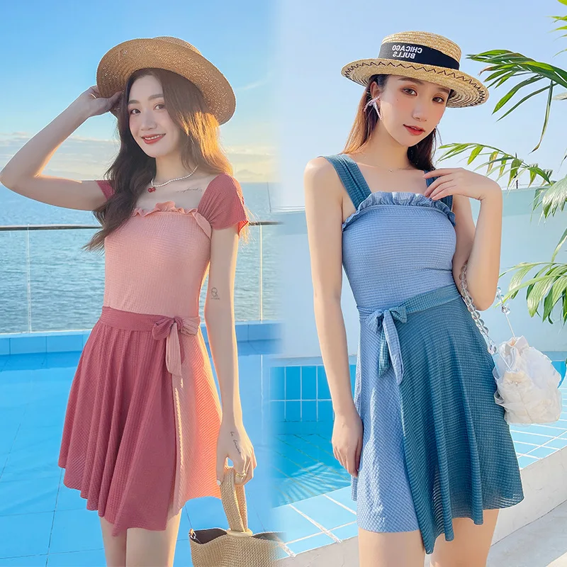 

2021 New Korean One-Piece Sexy Swimsuit Conservative Cover Belly Swimsuit Super Thin Summer Swimming Dress Sea Beach Skirts