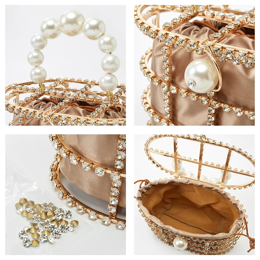

Pearl Basket Evening Clutch Bag Women 2019 Summer Hollow Out Diamonds Beading Alloy Metallic Handbag Female Fashion Party