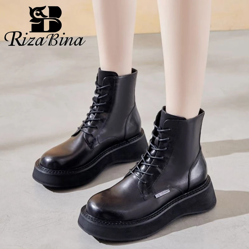 

RIZABINA Women Ankle Boots Real Leather 2021 Fashion Platform Winter Shoes For Woman Cross Strap Short Boot Footwear Size 35-39