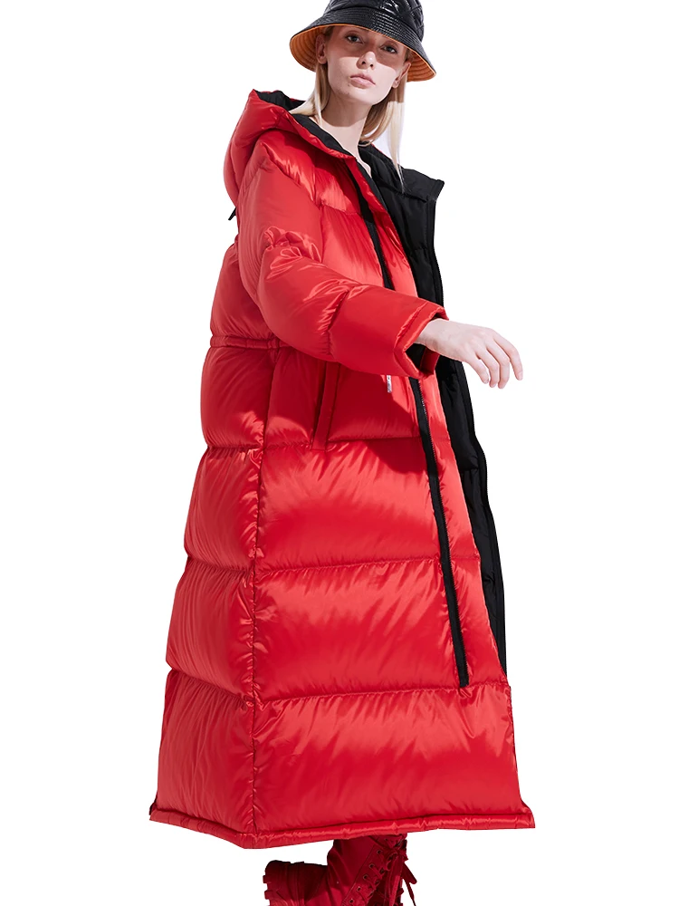 Женская длинная куртка на белом утином пуху теплая Модная парка Толстая