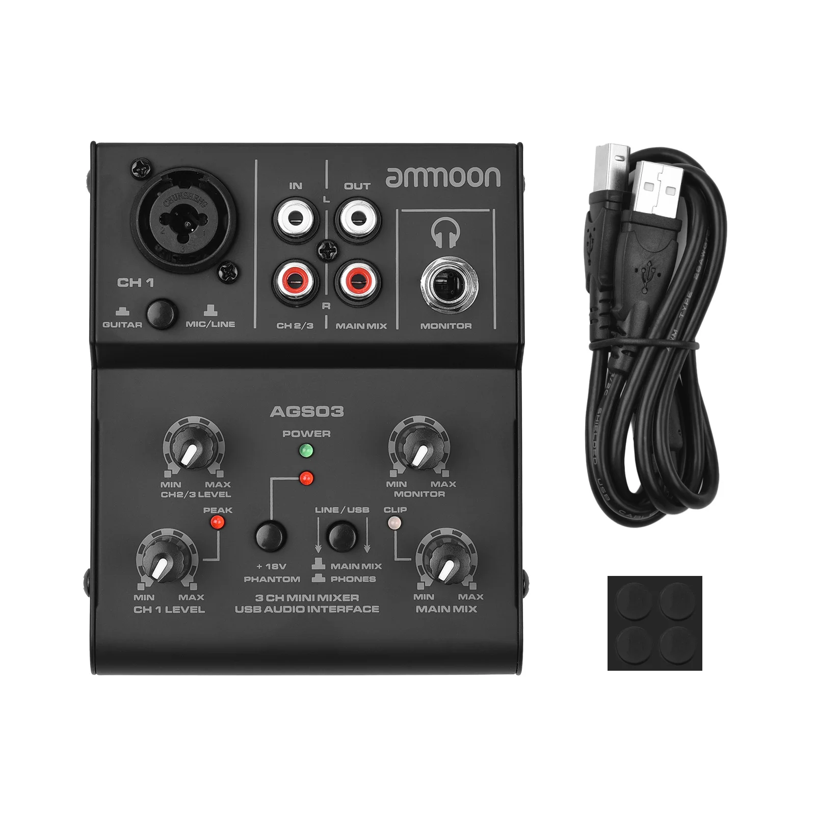 

ammoon AGS03 3-Channel Mini Mixer Mixing Console USB Audio Interface Plug-and-Play 18V Phantom Power for Home Studio Recording
