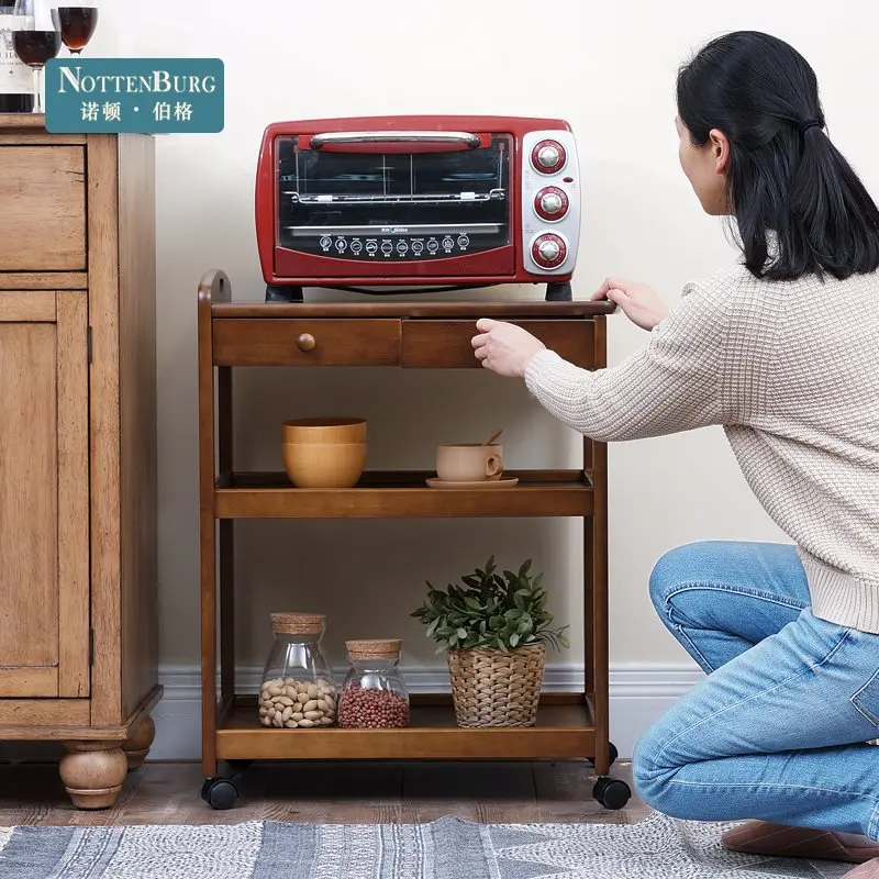 

Solid Wood Moving Dining Car Household Trolley Delivery Kitchen Rack Three-storey Tea Drinking