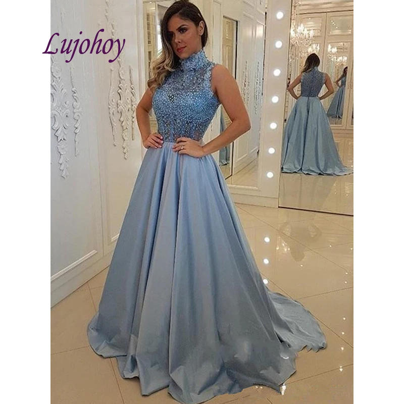 

Long Lace Evening Dresses Party Plus Size Halter Beaded Women Ladies Sexy Prom Formal Evening Gowns Dresses