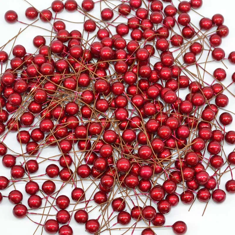 

100pcs 12mm Mini Artificial Flowers Pearl Stamen Red Berries DIY Floral Garland Ornaments for Wedding Christmas Party Decoration