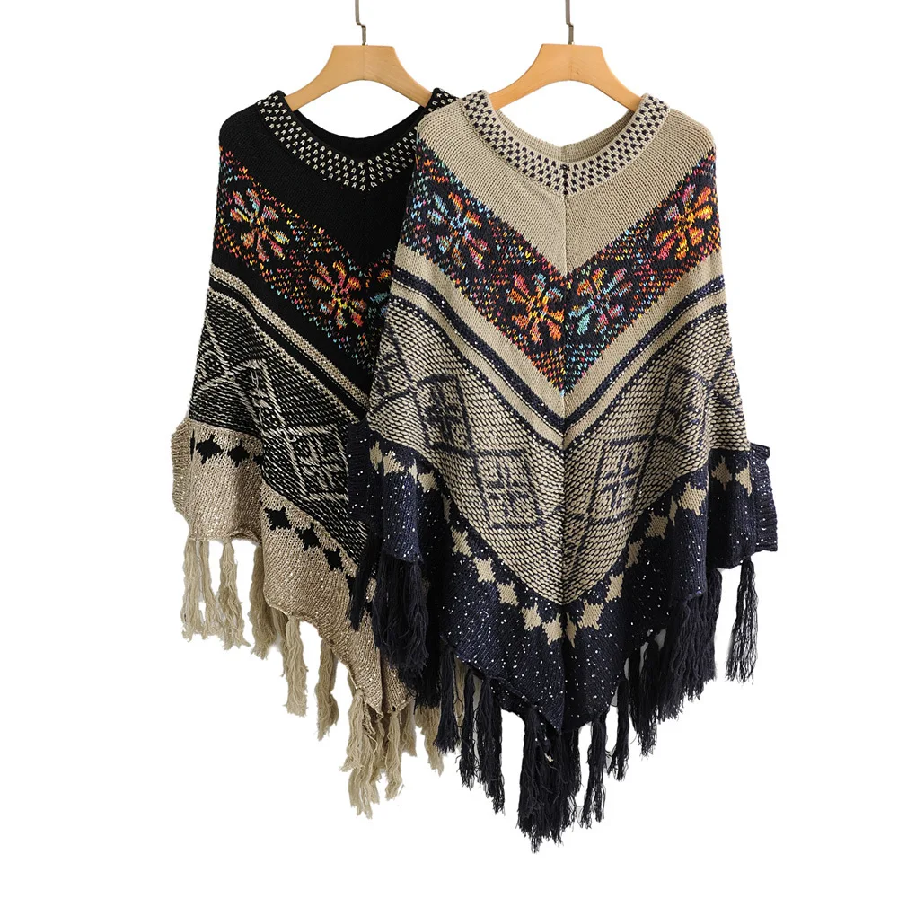 

Women's Color Block Shawl Wrap Open Front Poncho Cape Women Tassel Poncho Capes Pullover Sweater Knitted Capes Wrap Sweaters