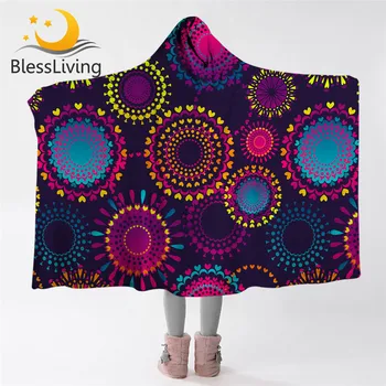 BlessLiving Boho Hooded Blanket for Adults Bohemian Sherpa Fleece Blanket Colorful Fireworks Mandala Floral Throw Blanket Hoodie 1