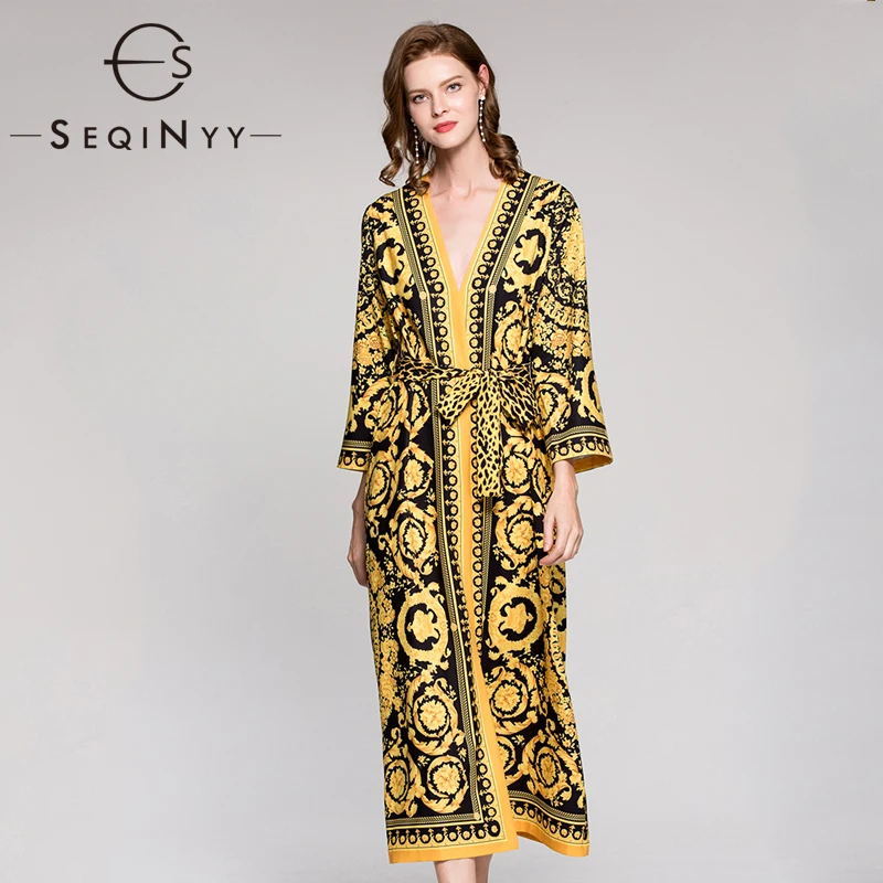 SEQINYY Vintage Dress 2020 Autumn Winter New Fashion Design 3/4 Flare Sleeve Golden Flowers Printed Straight Loose Dress Women