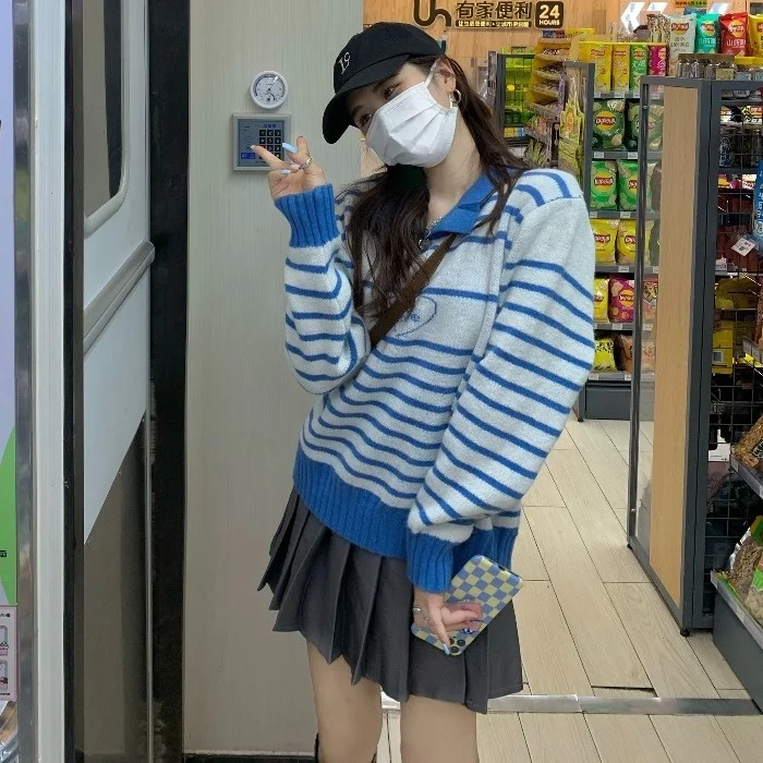 Женский пуловер в полоску Синий Свободный Повседневный Корейском стиле с