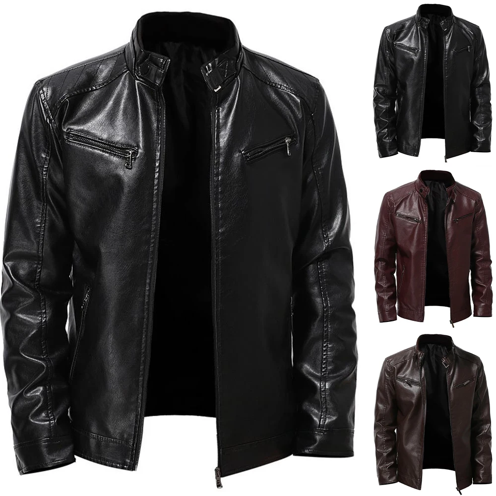 

Leatherwear Jacket Men Slim Fit Stand-up Collar Jackets Plain Zipper Biker Winter Autumn Casual New Vintage Outwear